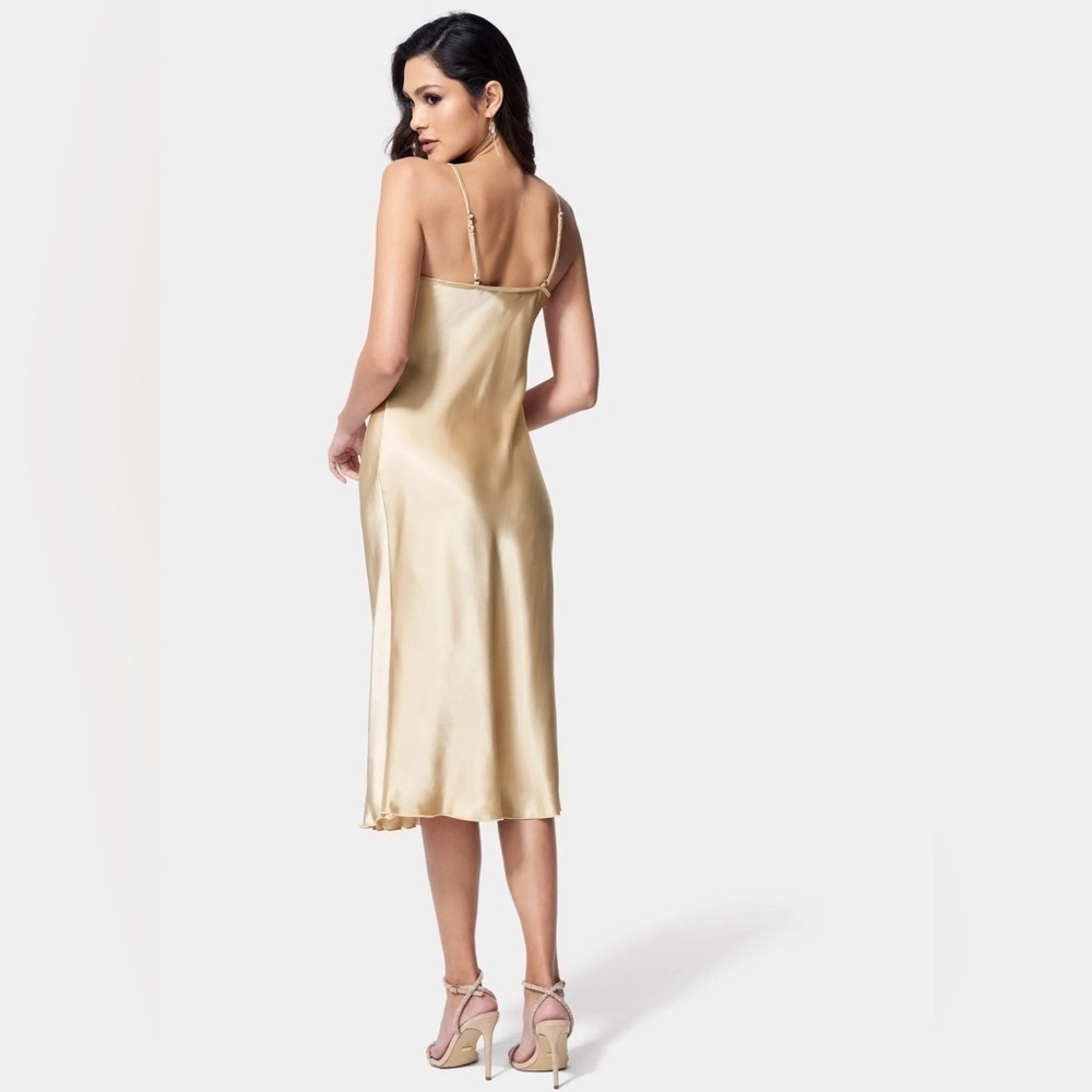 Bebe SATIN COWL NECK SLIP MIDI DRESS Size Large - Champagne MSRP $69 - Picture 2 of 5